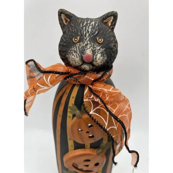 Halloween Black Cat Pumpkin Tea Candle Holder Ceramic Statue Folk Decoration 10" - Picture 6 of 11